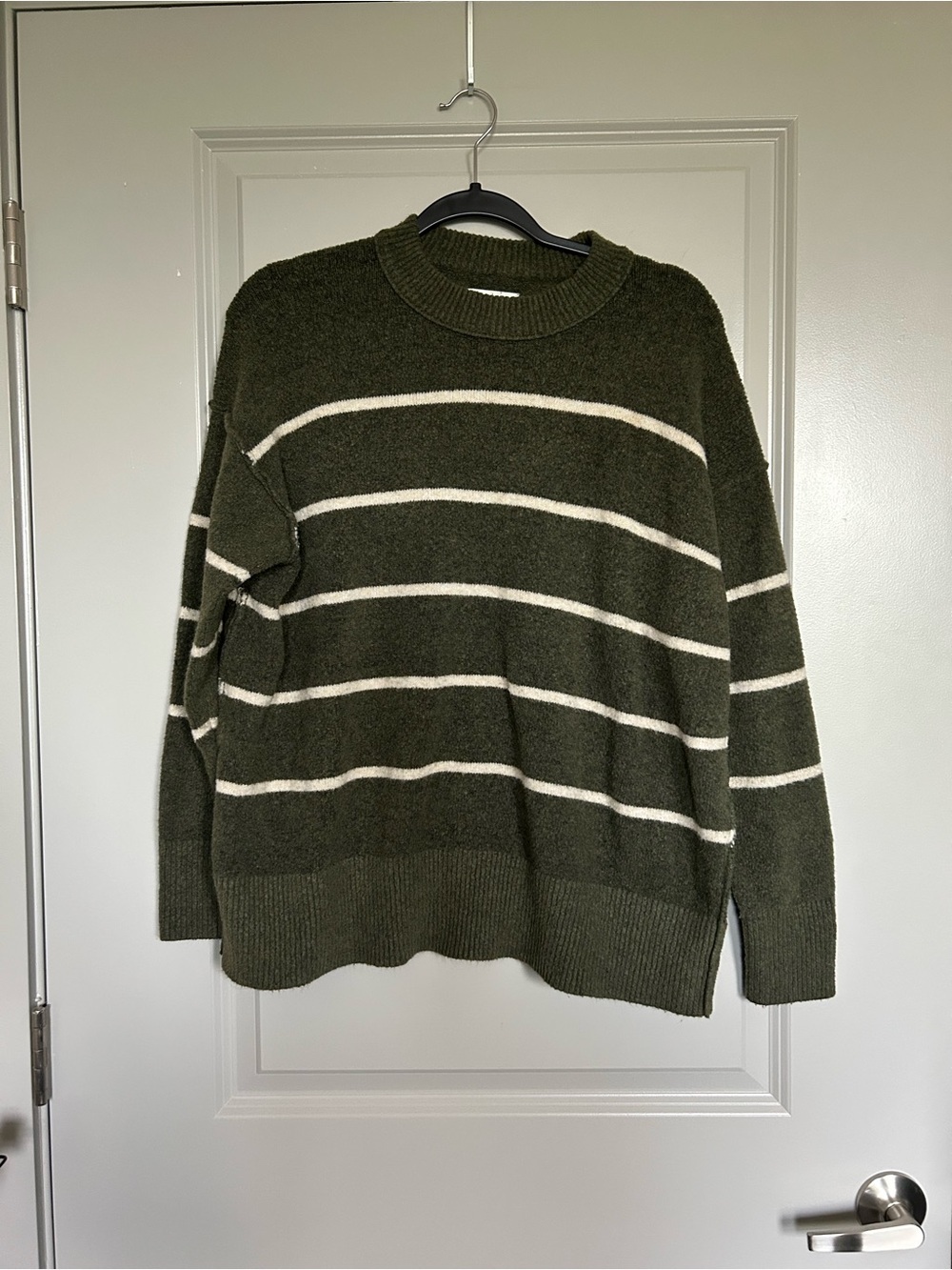aerie Olive Green Fuzzy Oversized Crewneck Sweater with Cream Stripes